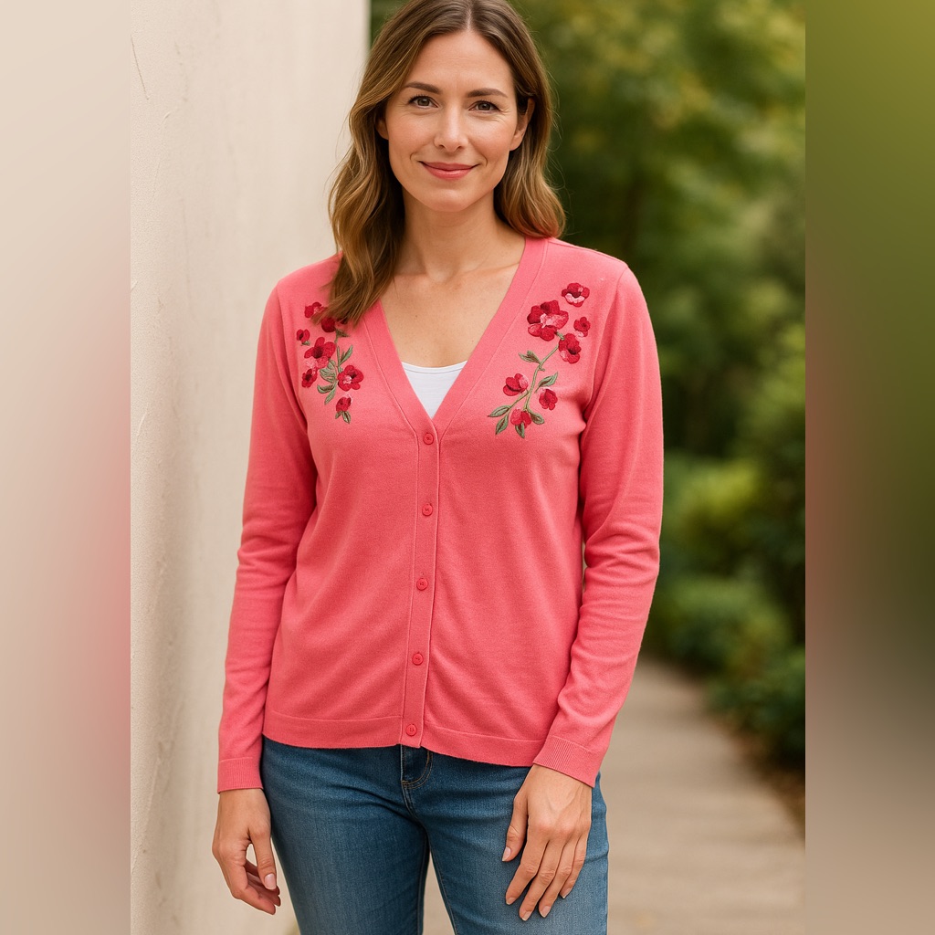Isaac Mizrahi Live Pink Floral Embroidered Button Front Cardigan Sweater L / Xl